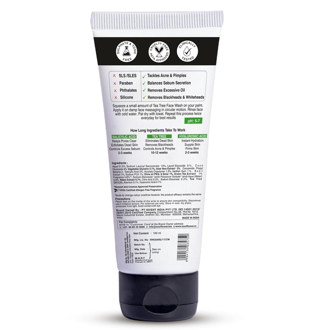 Soulflower Salicylic Acid Tea Tree Acne Free Face Wash - 100 ML