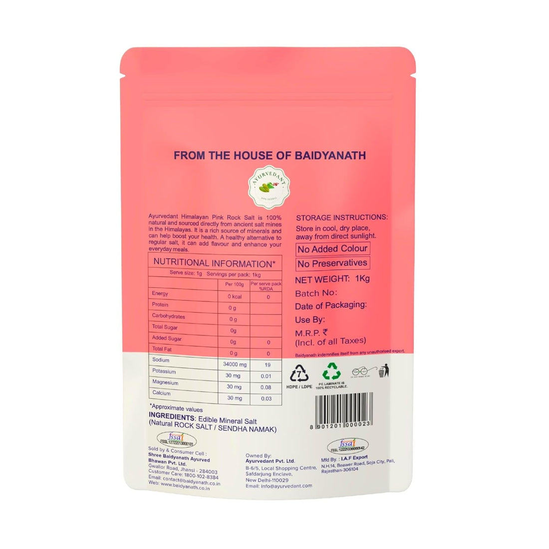 Baidyanath Ayurvedant Himalayan Pink Rock Salt - 1 KG