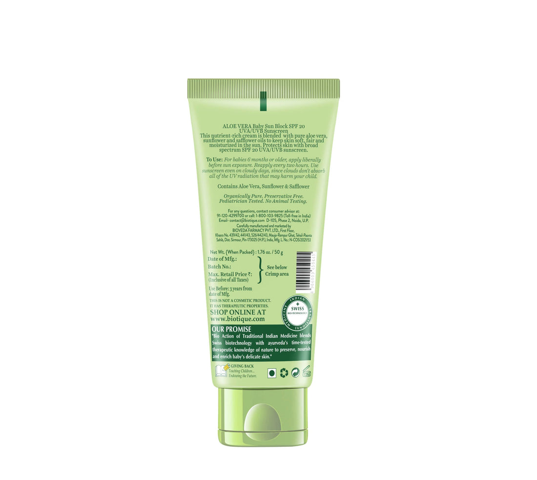 Biotique Aloe Vera Baby Sun Block SPF 20 UVA UVB Sunscreen - 50 GM