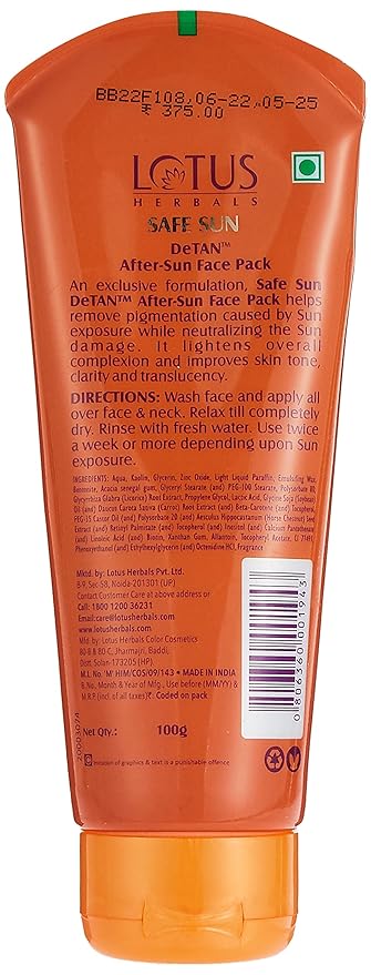 Lotus Herbals Safe Sun DeTan After Sun Face Pack - 100 GM