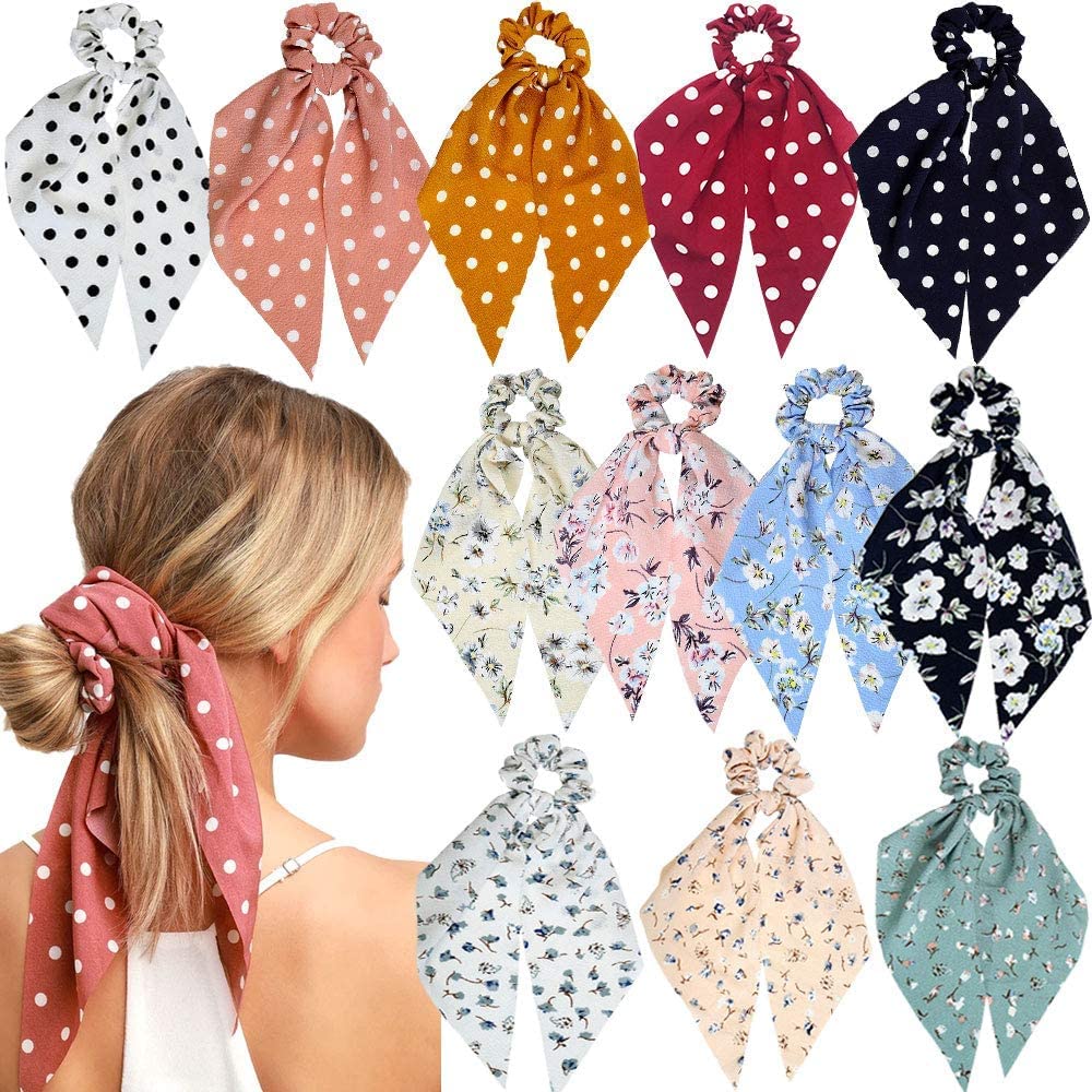 Printed Ribbon Scarf Hair Scrunchies for Girls/Women (Set of 12Pcs)
