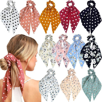 Printed Ribbon Scarf Hair Scrunchies for Girls/Women (Set of 12Pcs)