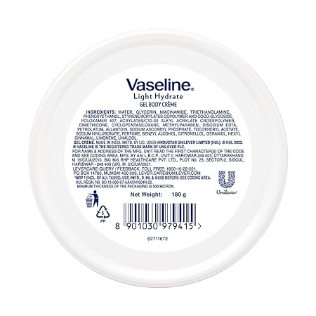 Vaseline Light Hydrate Gel Body Creme - 180 GM