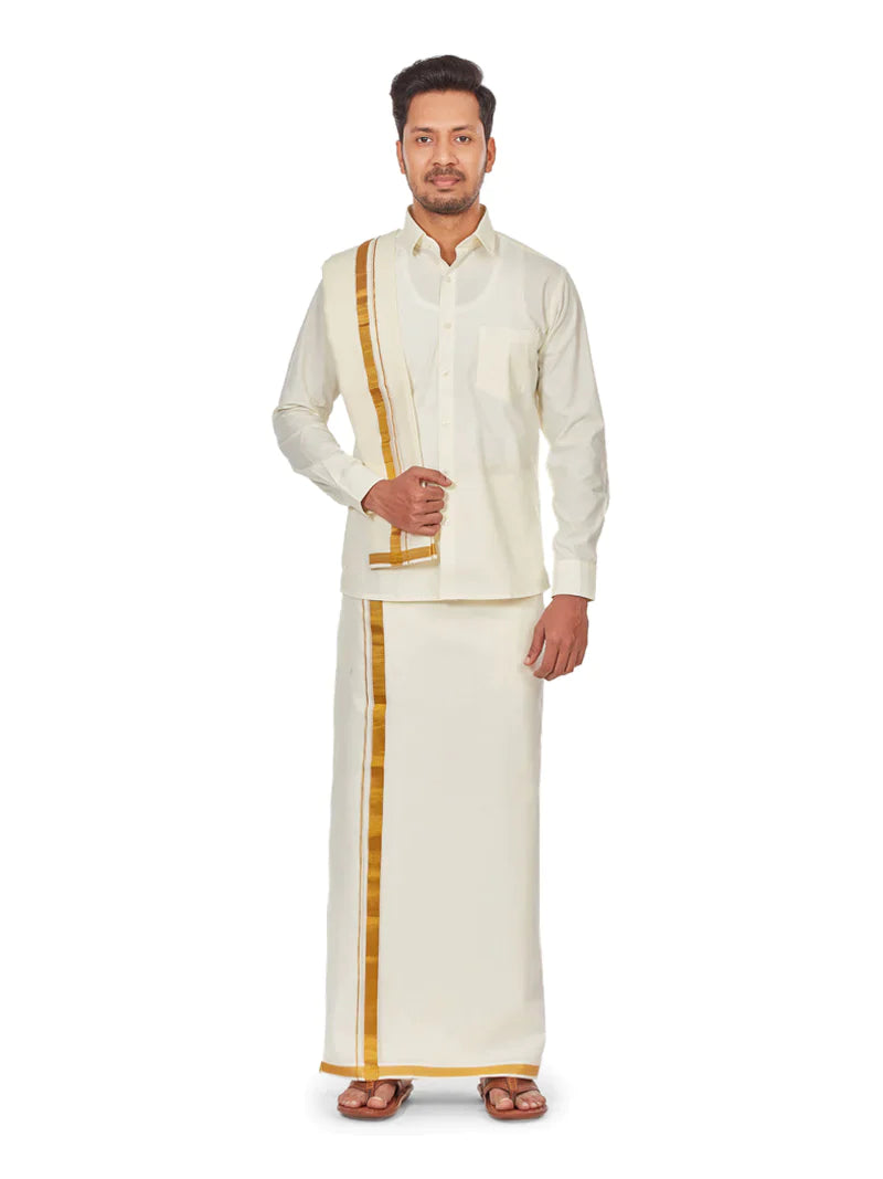 Minister White Wedding Combo Full Sleeve Shirt, Flexiwaist Dhoti and Towel Set - Anandham - Daily Needs Products