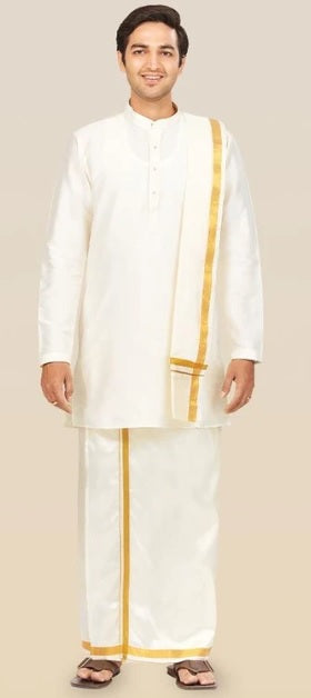 Minister White Art Silk Cream Wedding Combo Kurta, Dhoti and Towel - Vedant - Daily Needs Products