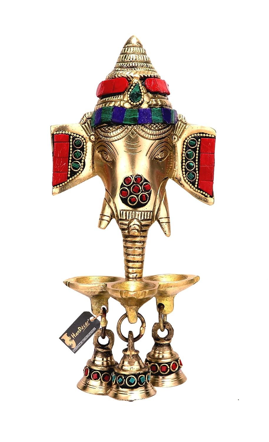 Brass Ganesha Wall Hanging Multicolor Gemstone Handwork Puja Idol Oil Lamp - 9.5 Inch - Daily Needs Products