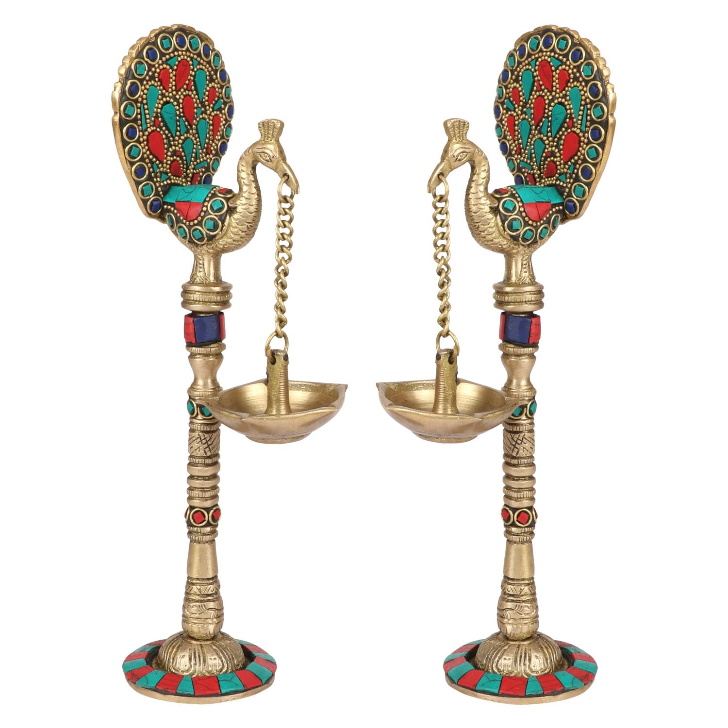 Brass Pair of Bird Peacock Hanging Chain Diya Oil Lamp Stand - 9 Inch - Daily Needs Products
