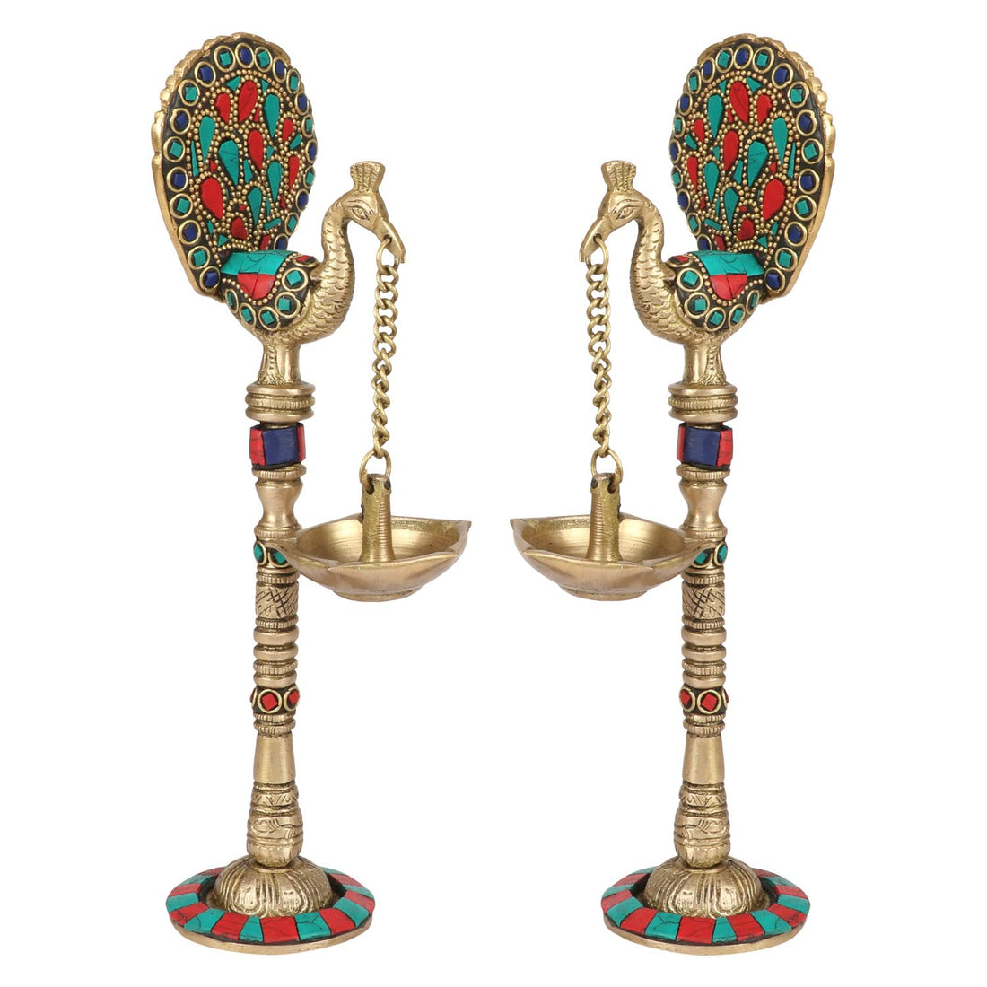 Brass Pair of Bird Peacock Hanging Chain Diya Oil Lamp Stand - 9 Inch - Daily Needs Products