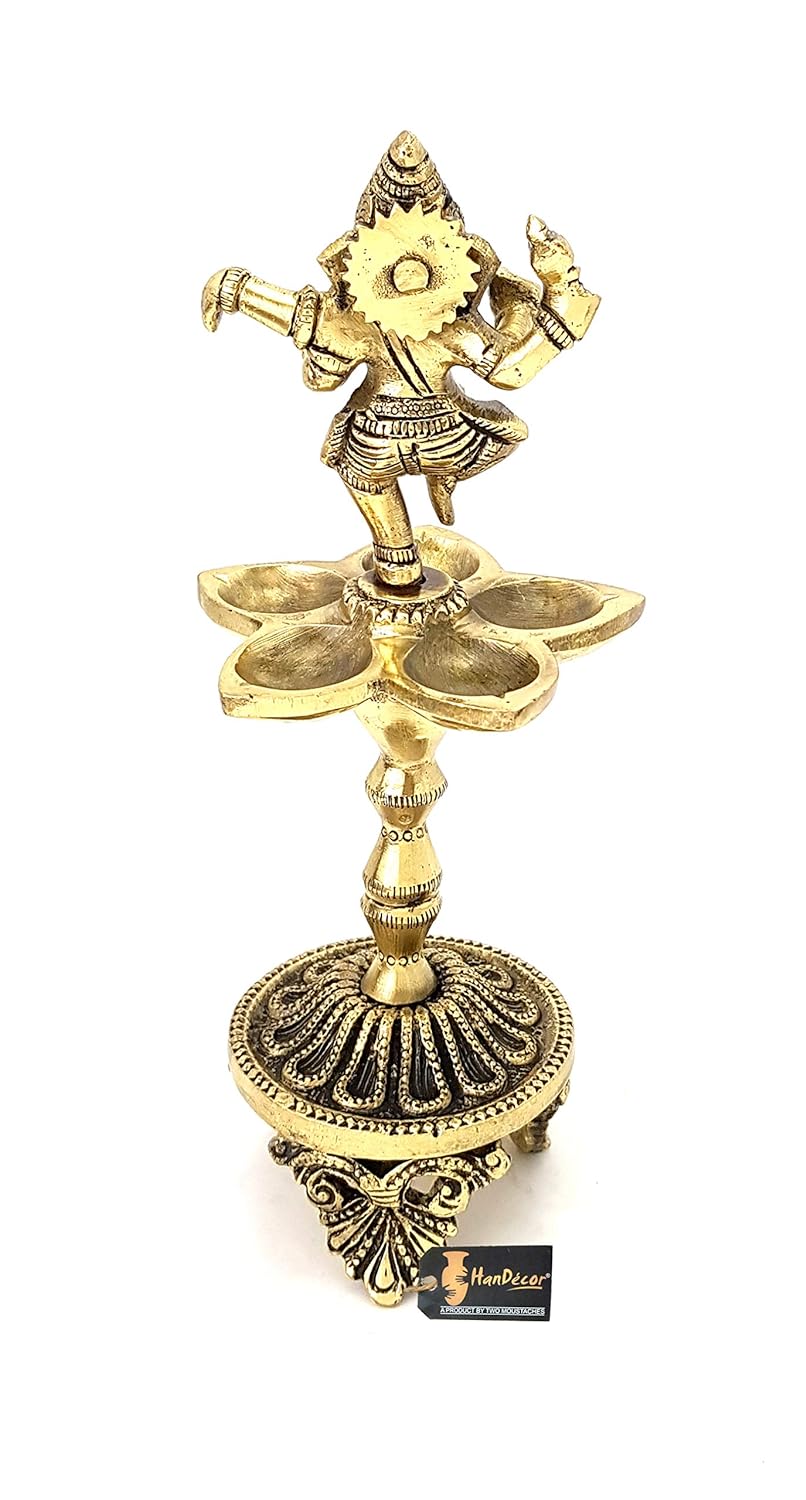 Dancing Ganesha Five Oil Wick Brass Diya Oil Lamp