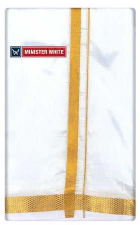 Minister White Double Layer White Art Silk Dhoti with Golden Jari Border - Dharmashala - Daily Needs Products