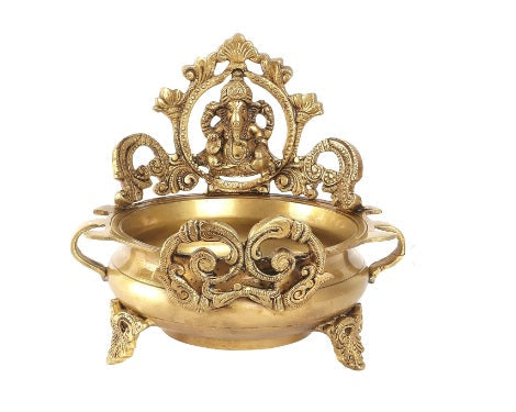 Brass Ethnic Carved Ganesha Design Urli - 7 Inches