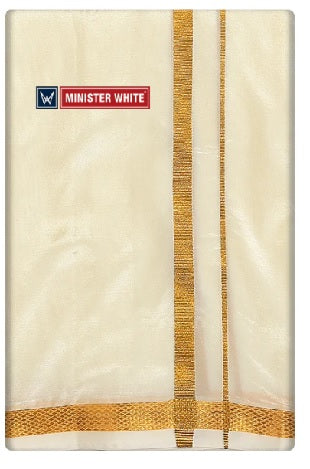 Minister White Double Layer Cream Art Silk Dhoti Golden Jari Border - Gaya - Daily Needs Products