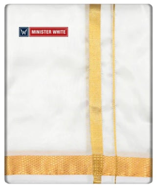 Minister White Double Layer White Pure Mix Dhoti with Golden Jari Border - Marshal - Daily Needs Products