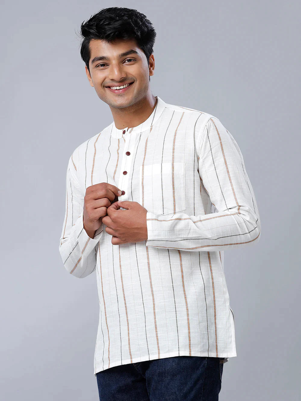 Ramraj Mens Cotton Off White & Brown Striped Short Length Kurta J20 - Daily Needs Products