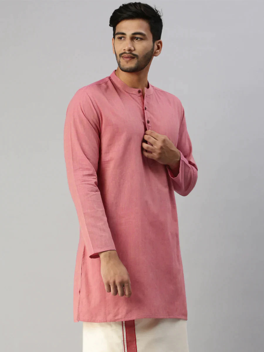 Ramraj Mens Full Sleeves Pink & Sandal Medium Length Pocket Kurta J8 - Daily Needs Products