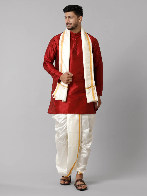 Ramraj Mens Polyster Medium Length Kurta with Art Silk Panchakacham Towel Combo - Daily Needs Products