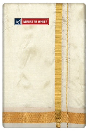 Minister White Double Layer Cream Pure Mix Dhoti with Golden Jari Border - Prince - Daily Needs Products