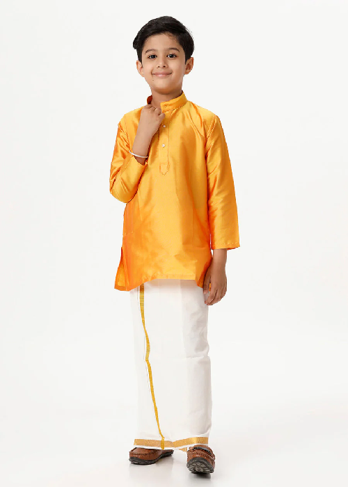 Ramraj Boys Silk Cotton Full Sleeves Kurta with Gold Jari Dhoti Combo - Daily Needs Products