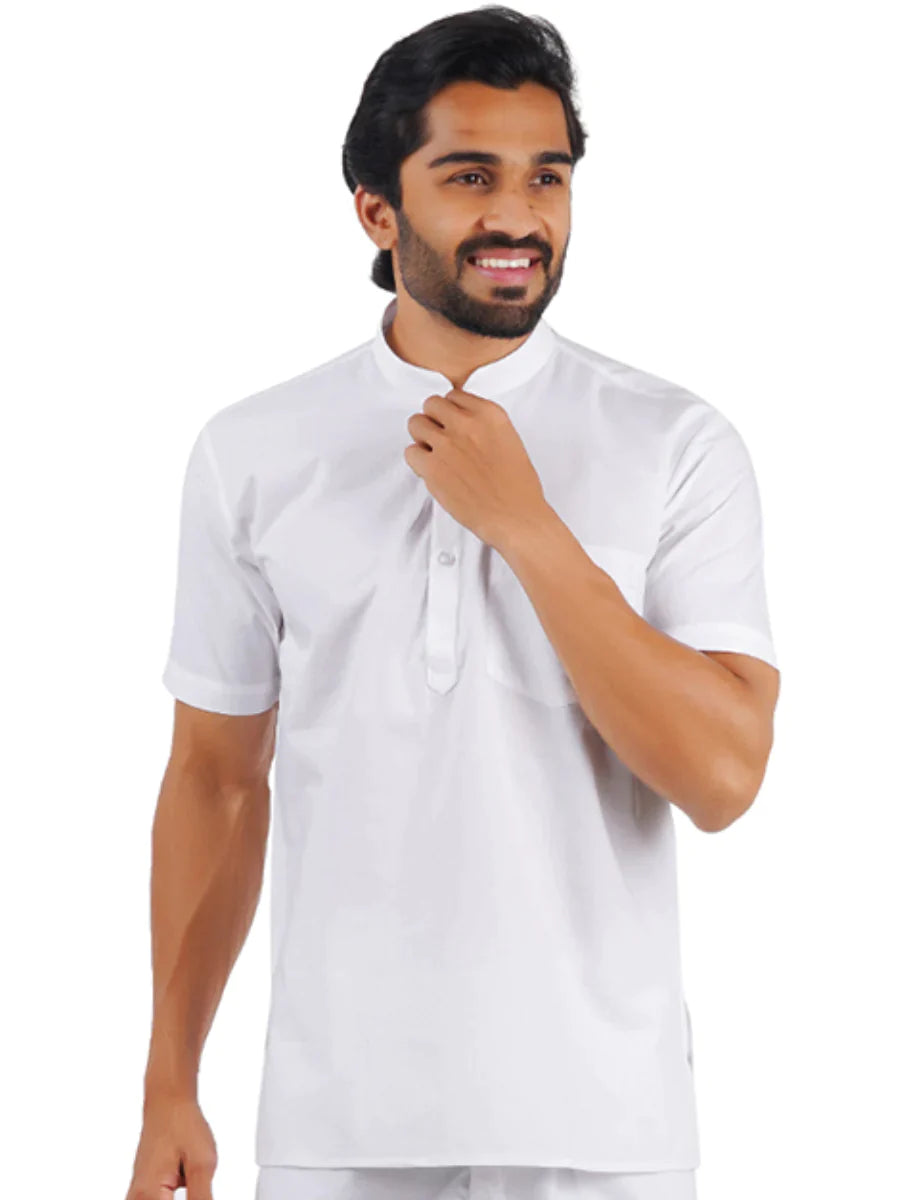 Ramraj Mens Cotton Half Sleeves Short Length White Kurta - Daily Needs Products