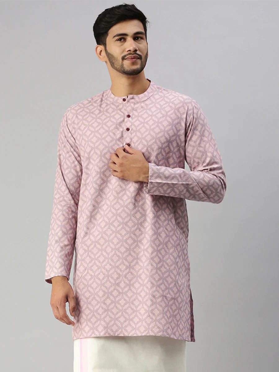 Ramraj Mens Full Sleeves Pink & Navy Medium Length Pocket Kurta J36 - Daily Needs Products