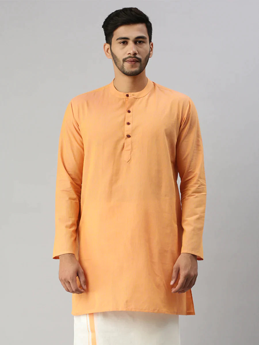 Ramraj Mens Full Sleeves Plain Orange Medium Length Pocket Kurta J9 - Daily Needs Products