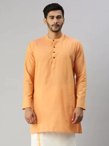 Ramraj Mens Full Sleeves Plain Orange Medium Length Pocket Kurta J9 - Daily Needs Products