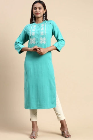 Ramraj Women Cotton Embroidered Mandarin Collar Straight Cut Kurti - Daily Needs Products