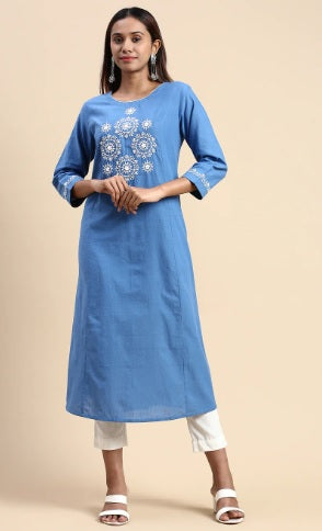 Ramraj Women Cotton Embroidered Round Neck Straight Cut Kurti - Daily Needs Products