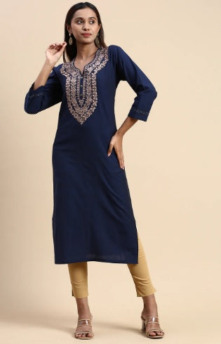 Ramraj Women Cotton Embroidered V Neck Straight Cut Kurti - Navy - Daily Needs Products
