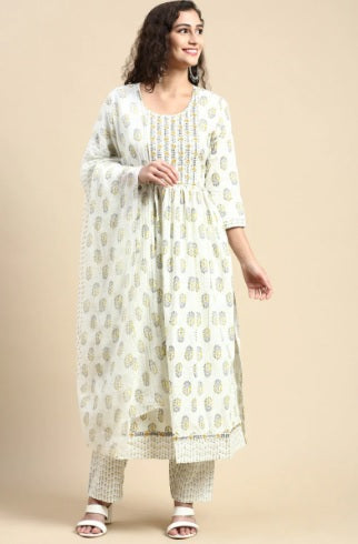 Ramraj Women Printed & Embroidered Kurti Set - Off White - Daily Needs Products