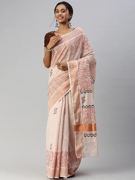 Ramraj Womens Kerala Copper Tissue Printed Saree with Zari Border - Daily Needs Products