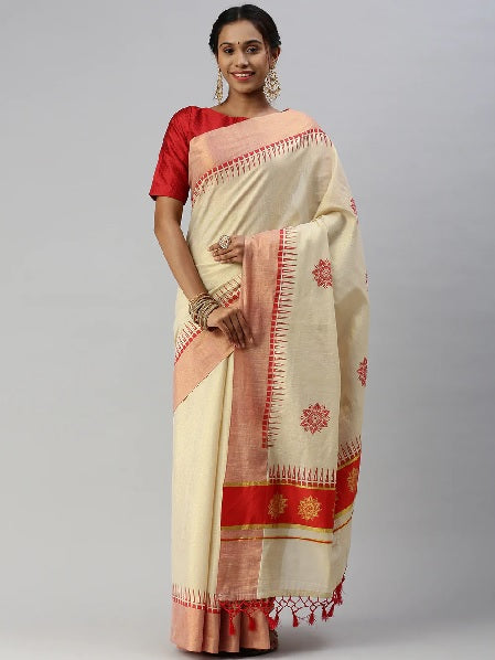 Ramraj Womens Kerala Tissue Flower Printed Gold Jari & Red Border with Tussle Saree - Daily Needs Products