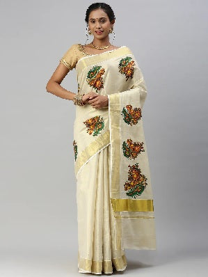 Ramraj Womens Kerala Tissue Krishna with Flute Printed Gold Jari Border Saree - Daily Needs Products