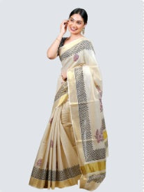 Ramraj Womens Kerala Tissue Printed Gold Jari Border Saree - Daily Needs Products
