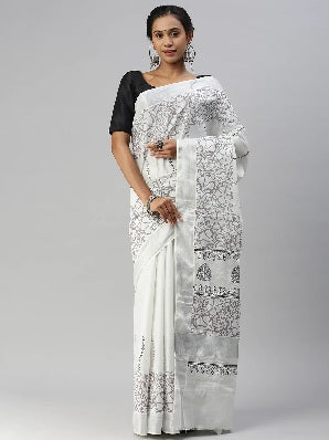 Ramraj Womens Kerala Tissue Printed Silver Jari Border Saree - Daily Needs Products