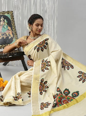 Ramraj Womens Off White Kerala Peacock Feather Design Printed Saree Gold Border - Daily Needs Products