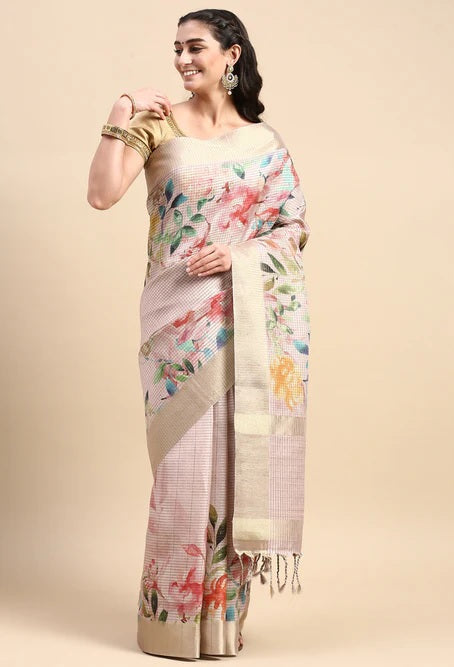 Ramraj Womens Semi Raw Silk Pink Flower Printed Saree - Daily Needs Products