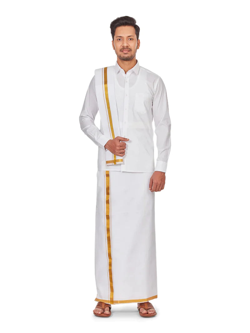 Minister White Wedding Combo Full Sleeve Shirt, Dhoti and Towel Set - Santham - Daily Needs Products