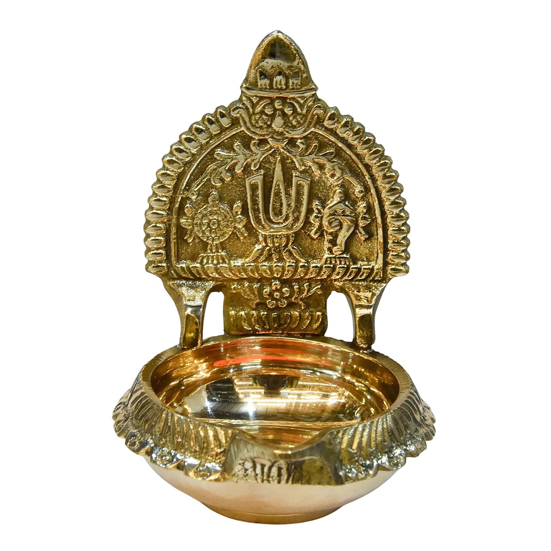 Brass Shanku Chakra Kuber Kamakshi Oil Lamp - 3.65 Inches - Daily Needs Products